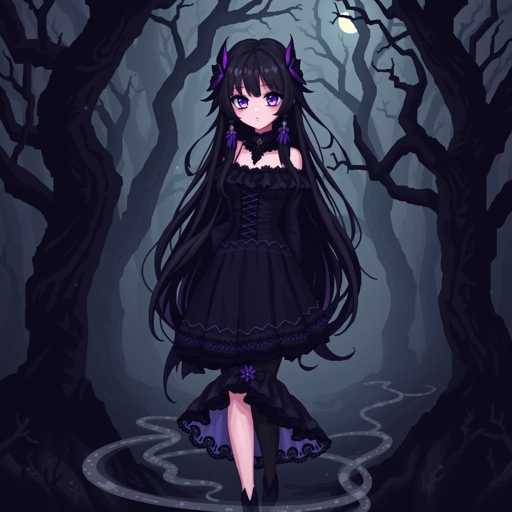 A stunning gothic anime girl depicted in pixel art style