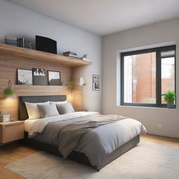 A 12.8 m² rectangular, loft-style bedroom with a double bed to the left, a TV opposite the bed, a desk with a Macbook and a monitor adjacent to the bed, and a bedside table or shelf.