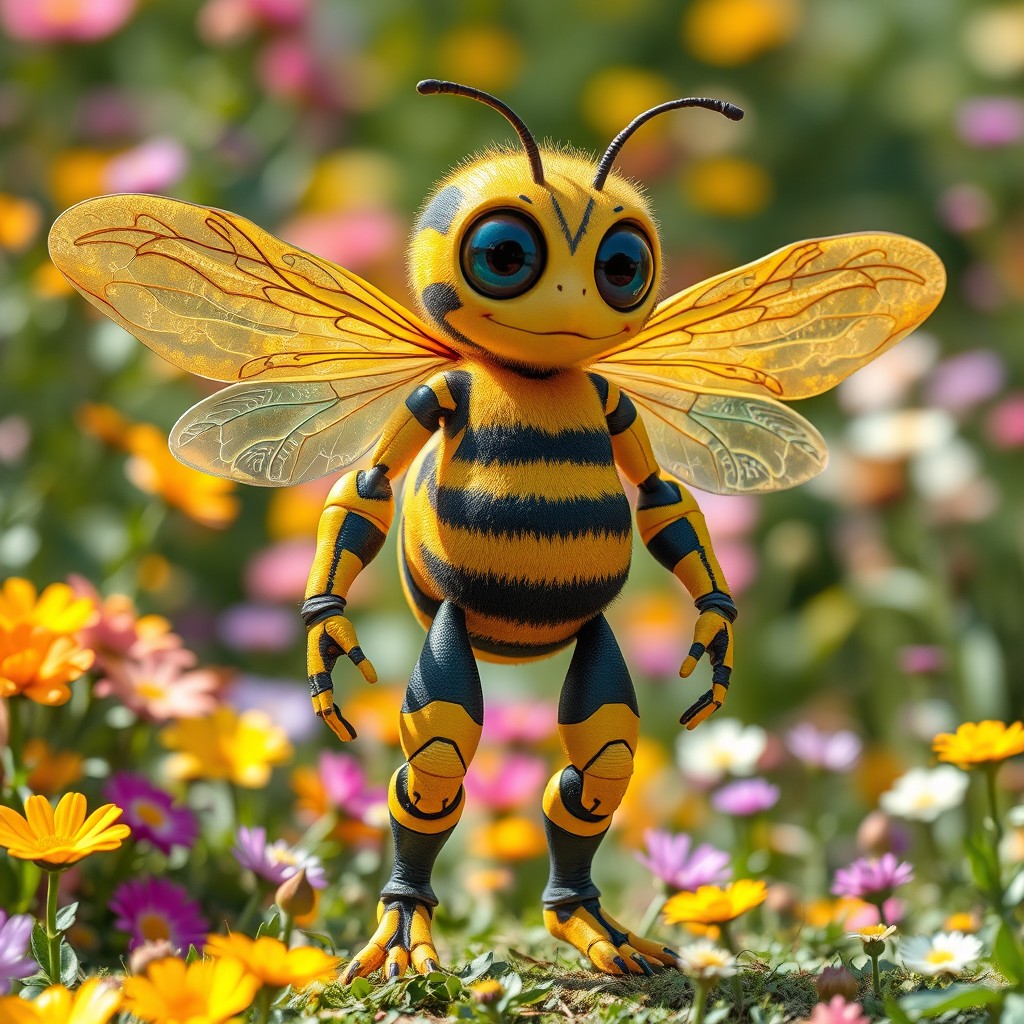A humanoid bee creature, featuring a vibrant and colorful design with the characteristics of both a bee and a human
