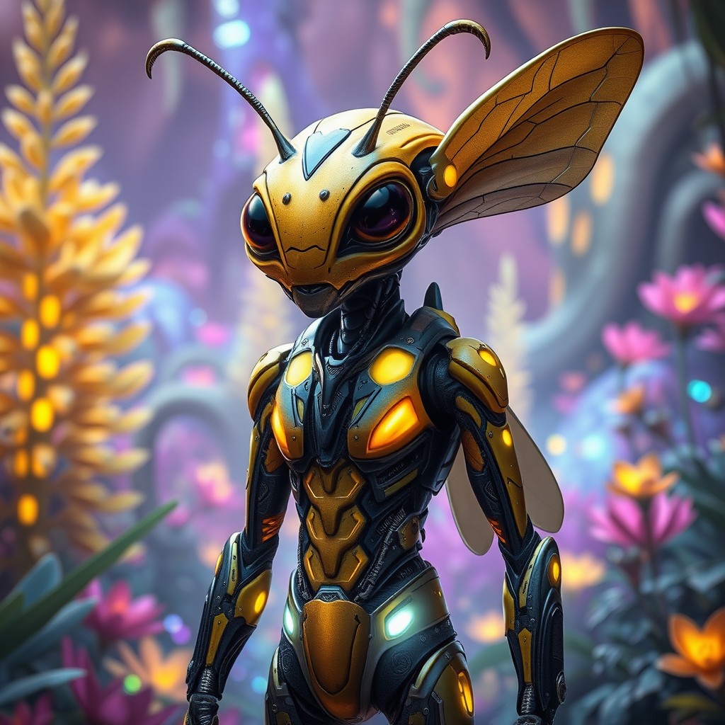 A humanoid bee alien in a sci-fi setting, featuring a sleek and futuristic design that combines insectoid and human characteristics