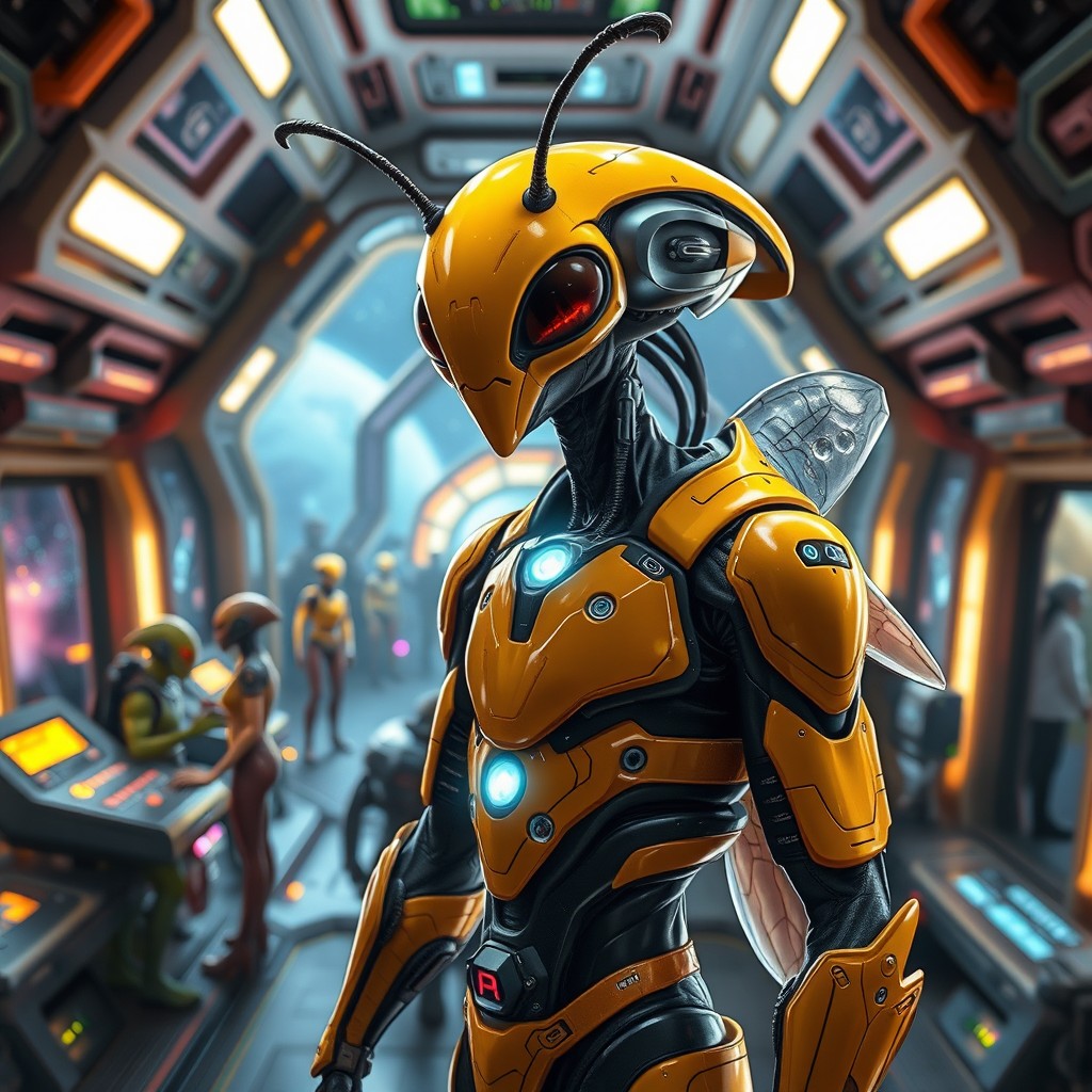 A humanoid bee alien in a futuristic space station, showcasing a blend of insectoid and humanoid features