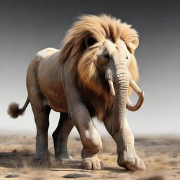 A mythical creature that is a unique blend of a lion and an elephant, having the majestic mane and ferocious countenance of a lion, combined with the robust physique and long, curling tusks of an elephant.