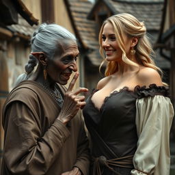 In a medieval village, an incredibly elderly Black woman, very short and emaciated with sharp, decayed teeth and pointed ears, is dressed in an elegant, long, fully-closed noble imperial robe