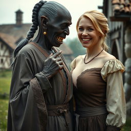 In a medieval village, an incredibly elderly Black woman, very short and emaciated with sharp, decayed teeth and pointed ears, is dressed in an elegant, long, fully-closed noble imperial robe