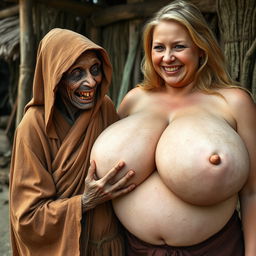 In a medieval village, a very small and malnourished centenarian African woman with rotten teeth is dressed in a long, fully closed hooded Buddhist robe