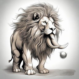 A mythical creature that is a unique blend of a lion and an elephant, having the majestic mane and ferocious countenance of a lion, combined with the robust physique and long, curling tusks of an elephant.