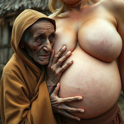 In a medieval village, an elderly centenarian African woman, small and emaciated with decayed teeth, is dressed in a long, closed Buddhist robe with a hood