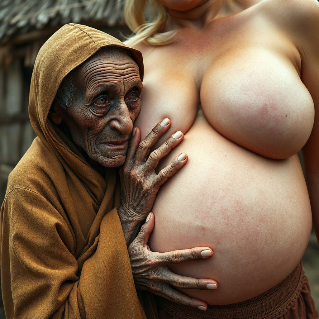 In a medieval village, an elderly centenarian African woman, small and emaciated with decayed teeth, is dressed in a long, closed Buddhist robe with a hood