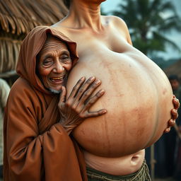 In a medieval village, an elderly centenarian African woman, small and emaciated with decayed teeth, is dressed in a long, closed Buddhist robe with a hood