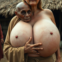 In a medieval village, an elderly centenarian African woman, small and emaciated with decayed teeth, is dressed in a long, closed Buddhist robe with a hood