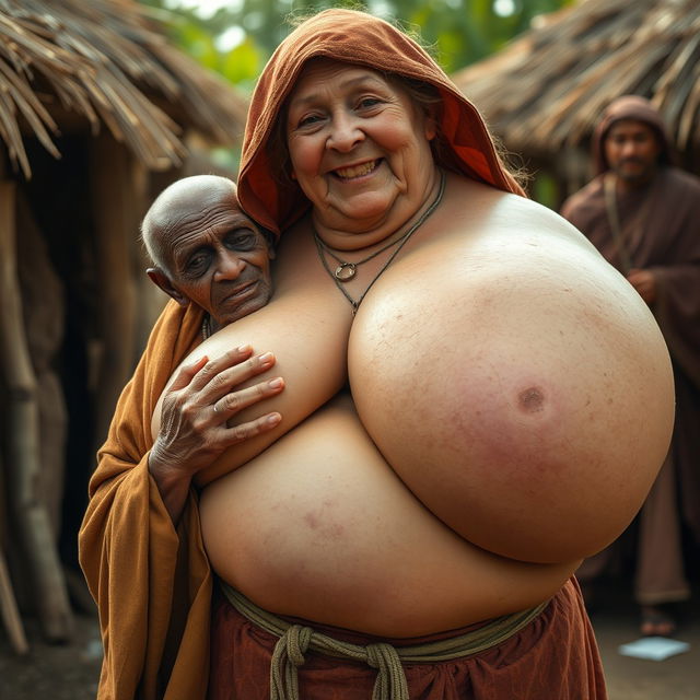 In a medieval village, an elderly centenarian African woman, small and emaciated with decayed teeth, is dressed in a long, closed Buddhist robe with a hood
