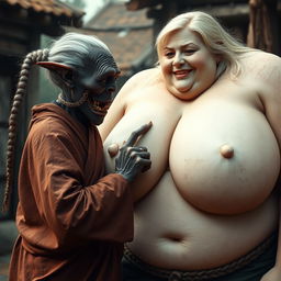 In a medieval village, an elderly black female goblin, very small and malnourished with sharp, decayed teeth, is depicted wearing a long, closed Buddhist robe