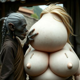 In a medieval village, an elderly black female goblin, very small and malnourished with sharp, decayed teeth, is depicted wearing a long, closed Buddhist robe