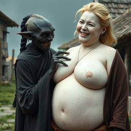 In a medieval village setting, an elderly female goblin with dark black skin, small and malnourished, has sharp, decayed teeth