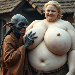 In a medieval village, an elderly female goblin with dark black skin, small and malnourished, has sharp, decayed teeth