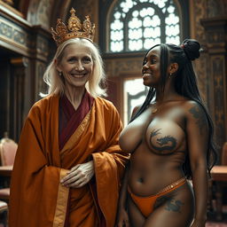 Inside an opulent medieval room, a joyful scene features two women side by side