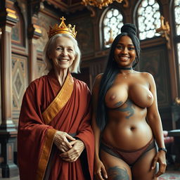 Inside an opulent medieval room, a joyful scene features two women side by side