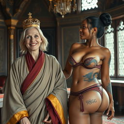 Inside an opulent medieval room, a joyful scene features two women side by side