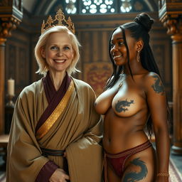 Inside an opulent medieval room, a joyful scene features two women side by side