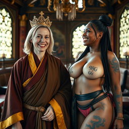 Inside a luxurious medieval room, a vibrant scene captures two women radiating joy