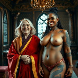 Inside a luxurious medieval room, a vibrant scene captures two women radiating joy