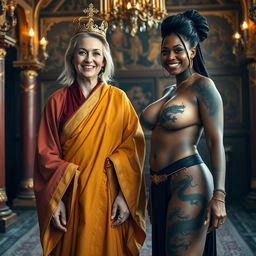 In an opulent medieval room, there is a striking scene featuring two women