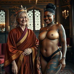 In an opulent medieval room, there is a striking scene featuring two women