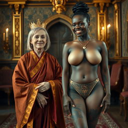 In an opulent medieval room, there is a striking scene featuring two women