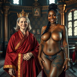 In an opulent medieval room, there is a striking scene featuring two women
