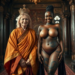 In a luxurious medieval chamber, a captivating scene unfolds featuring two women