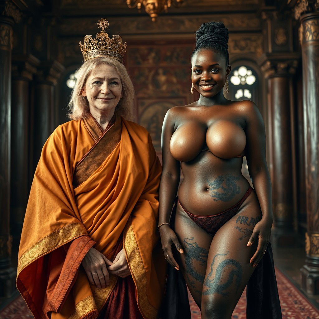 In a luxurious medieval chamber, a captivating scene unfolds featuring two women