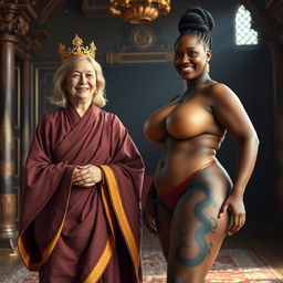 In a luxurious medieval chamber, a captivating scene unfolds featuring two women