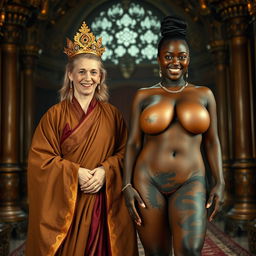 In a luxurious medieval chamber, a captivating scene unfolds featuring two women