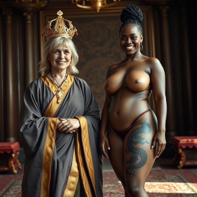 In a luxurious medieval chamber, a captivating scene unfolds featuring two women