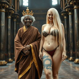 In a grand medieval chamber, a unique scene unfolds featuring two women