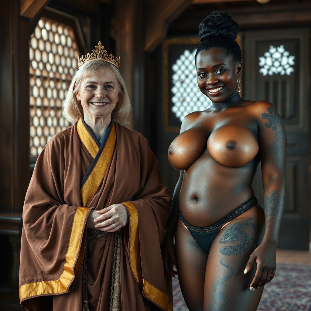 In a medieval noble room, a 45-year-old malnourished blonde woman with blue eyes, who is quite short, has medium-length blonde hair and is smiling joyfully