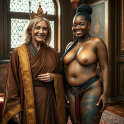 In a medieval noble room, a 45-year-old malnourished blonde woman with blue eyes, who is quite short, has medium-length blonde hair and is smiling joyfully