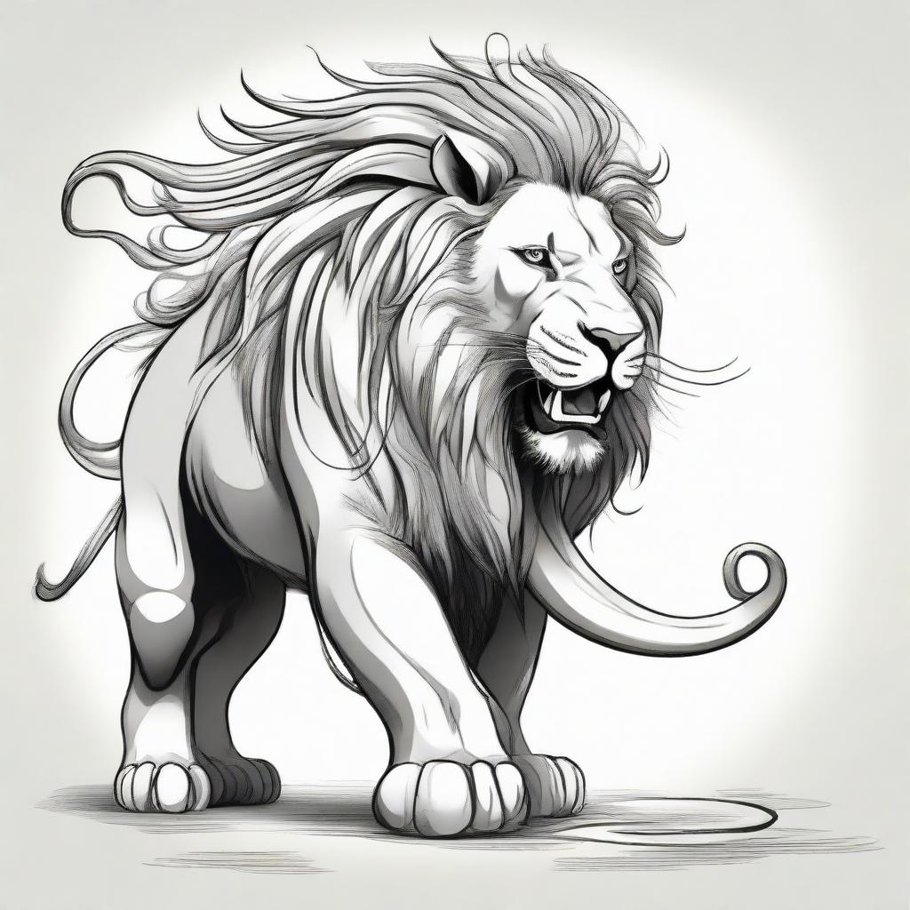 A mythical creature that is a unique blend of a lion and an elephant, having the majestic mane and ferocious countenance of a lion, combined with the robust physique and long, curling tusks of an elephant.