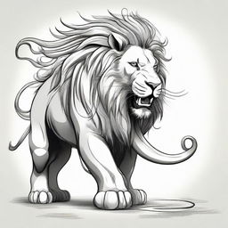 A mythical creature that is a unique blend of a lion and an elephant, having the majestic mane and ferocious countenance of a lion, combined with the robust physique and long, curling tusks of an elephant.