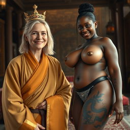 In a medieval noble room, a 45-year-old malnourished blonde woman with blue eyes, who is quite short, has medium-length blonde hair and is smiling joyfully