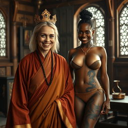 In a medieval noble room, a 45-year-old malnourished blonde woman with blue eyes, who is quite short, has medium-length blonde hair and is smiling joyfully