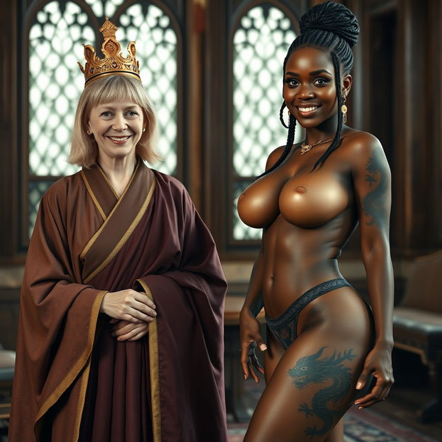 In a medieval noble room, a 45-year-old malnourished blonde woman with blue eyes, who is quite short, has medium-length blonde hair and is smiling joyfully