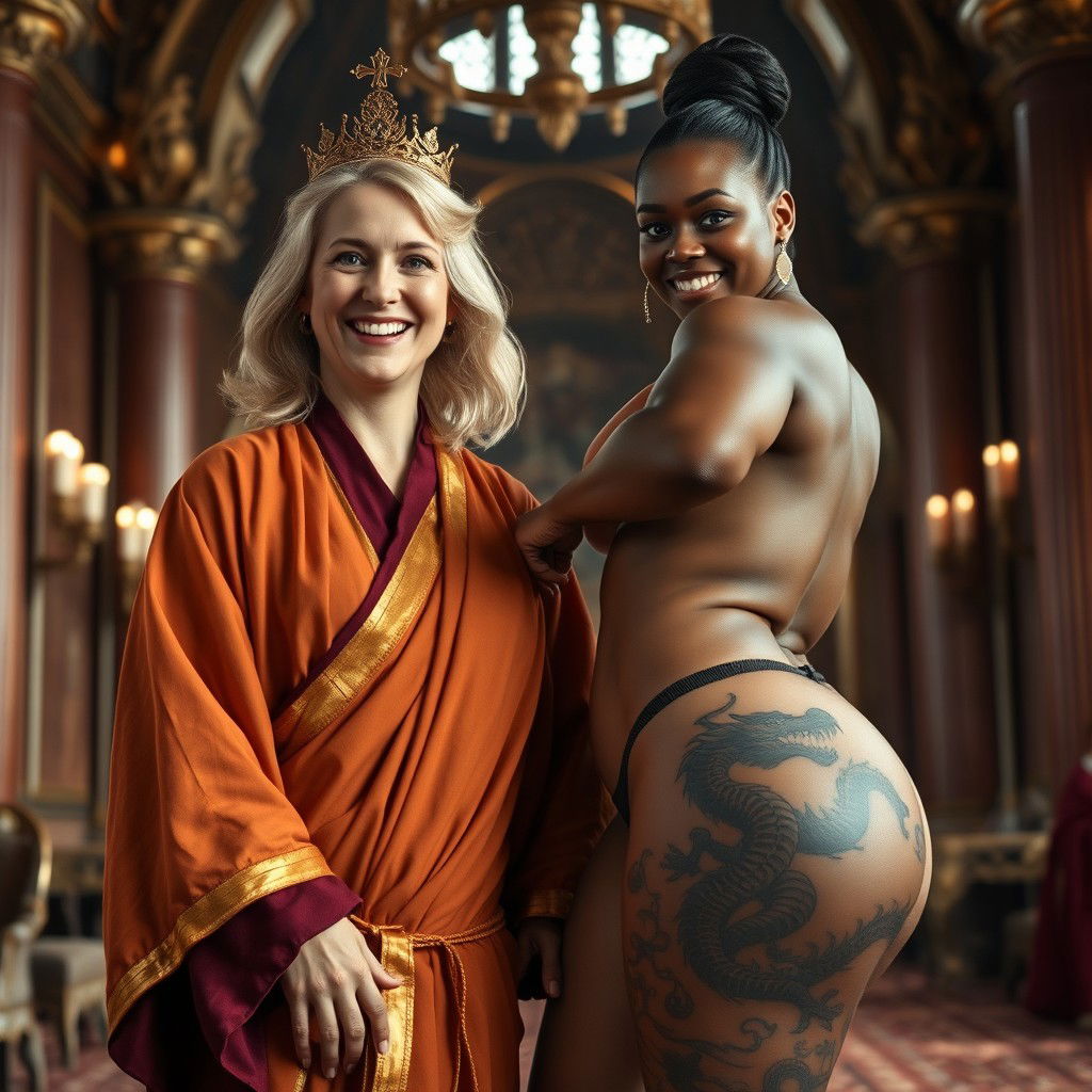In a grand medieval noble chamber, a joyful 45-year-old blonde woman with medium hair and striking blue eyes smiles happily while wearing a long, flowing Buddhist robe with golden edges