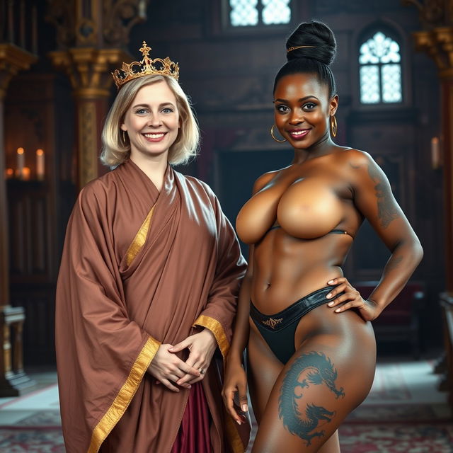 In a grand medieval noble chamber, a joyful 45-year-old blonde woman with medium hair and striking blue eyes smiles happily while wearing a long, flowing Buddhist robe with golden edges