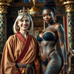 In a luxurious medieval noble's chamber, a delighted 45-year-old blonde woman with medium-length hair and bright blue eyes beams with happiness