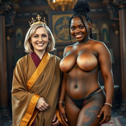 In a medieval chamber, a cheerful 50-year-old blonde woman with medium-length hair and bright blue eyes beams with happiness while dressed in a flowing, wide Buddhist robe with golden edges