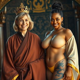 In a medieval chamber, a cheerful 50-year-old blonde woman with medium-length hair and bright blue eyes beams with happiness while dressed in a flowing, wide Buddhist robe with golden edges