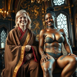 Inside an opulent medieval room, a joyful 45-year-old blonde woman with medium-length hair, blue eyes, and a radiant smile wears a long, wide Buddhist cloak decorated with gold edges