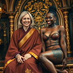 Inside an opulent medieval room, a joyful 45-year-old blonde woman with medium-length hair, blue eyes, and a radiant smile wears a long, wide Buddhist cloak decorated with gold edges