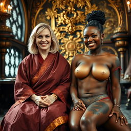 Inside an opulent medieval room, a joyful 45-year-old blonde woman with medium-length hair, blue eyes, and a radiant smile wears a long, wide Buddhist cloak decorated with gold edges
